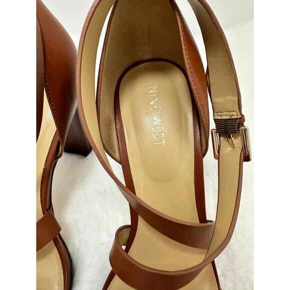 NINE WEST - FREYA, Dark natural GENUINE leather 4.75" platform sandals, SZ 10M - Picture 8 of 12